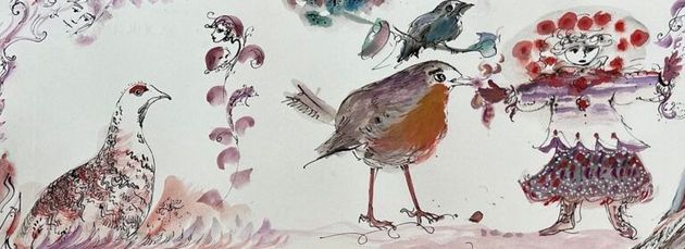 A painting of birds and flowers on a white background.
