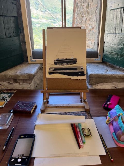 A painting of birds and flowers on a white background.