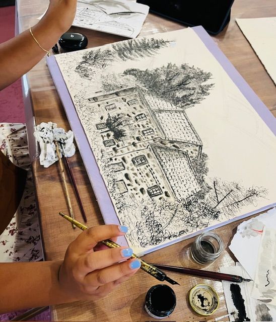 A painting of birds and flowers on a white background.