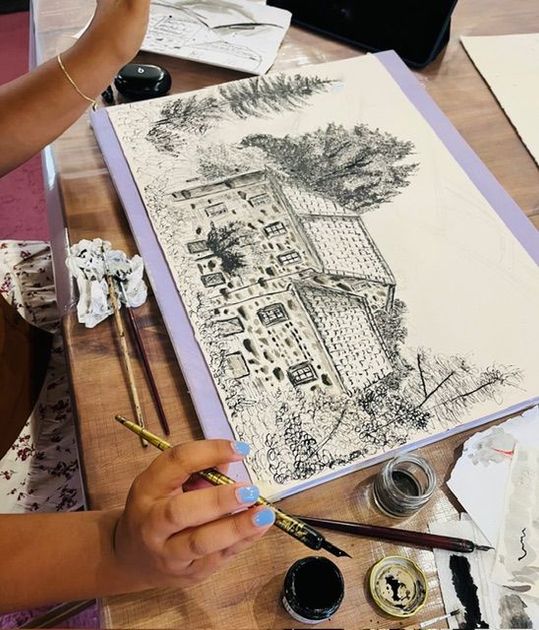 A painting of birds and flowers on a white background.