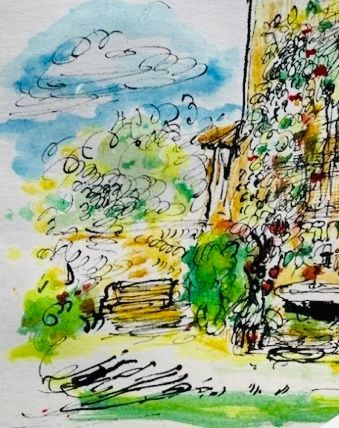 A drawing of a house with a bench in front of it