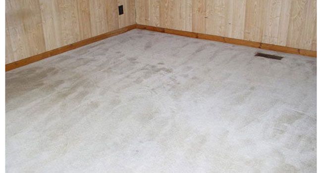 An empty corner of a room with light-colored carpet, wood-paneled walls, and wooden baseboards.