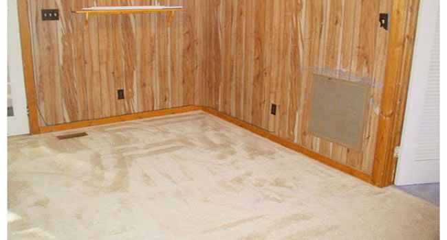A corner room with wood-paneled walls, beige carpeting, a small wall shelf, electrical outlets, and a floor air vent.
