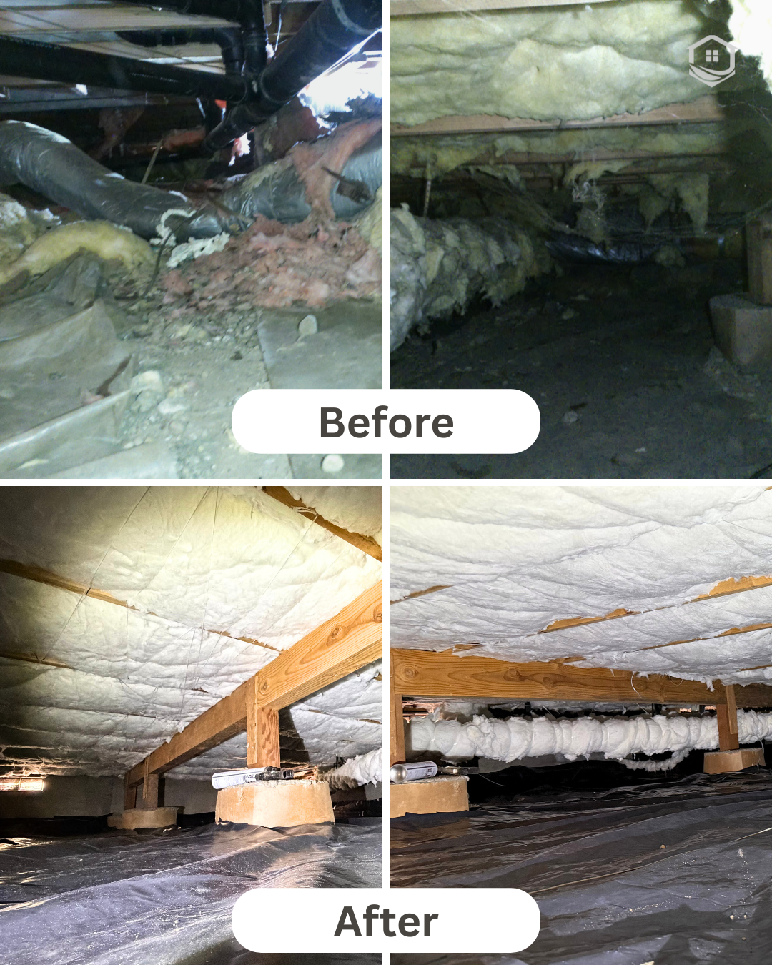 Split image showing a crawl space before and after insulation installation, featuring clean, foam-sealed floor joists.