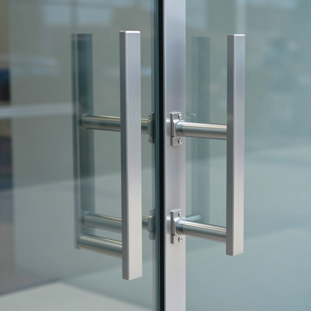 Detalle premium de acceso con vidrio y aluminio