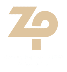 Beige ZP logo with a stylized 