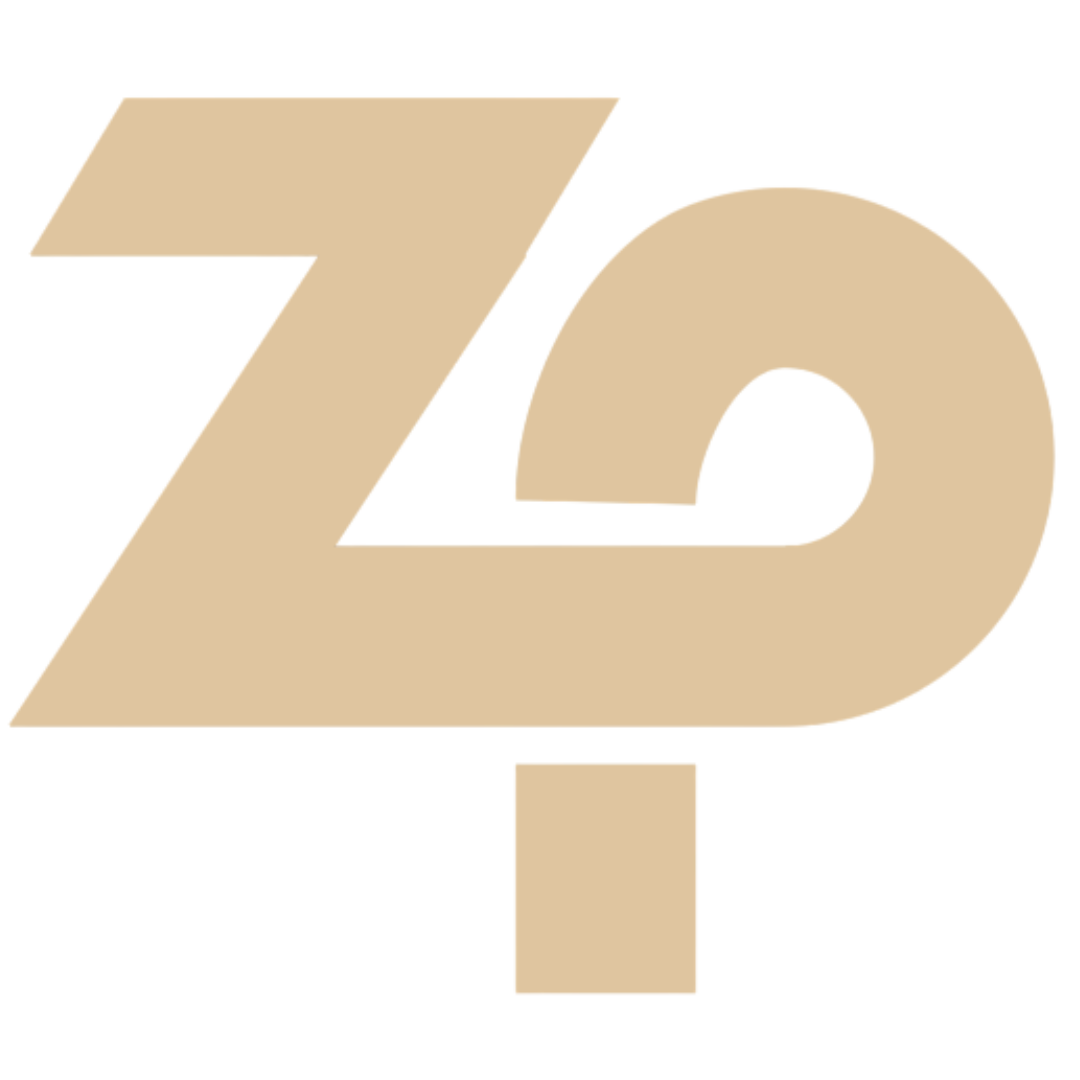 Beige logo with overlapping letterforms “ZP”.