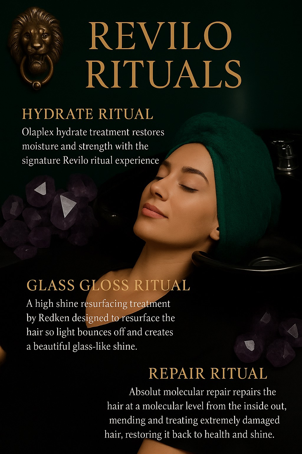 Woman in a bath with a hair wrap, promoting Revilo hair rituals. Text lists: hydrate, glass gloss, and repair rituals.