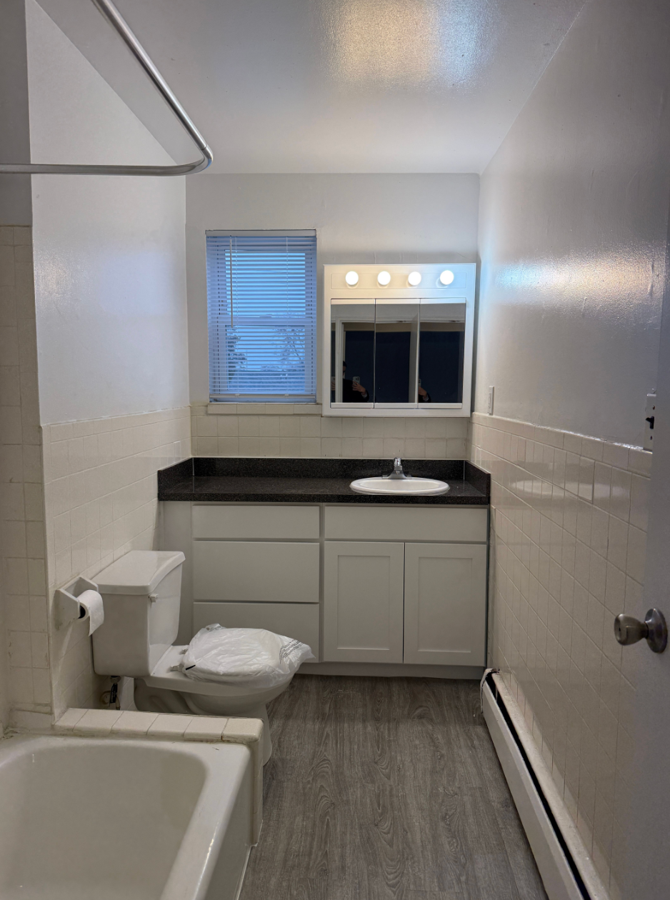 A small bathroom featuring a white vanity with a dark countertop, a toilet, a bathtub, and a window with blinds.