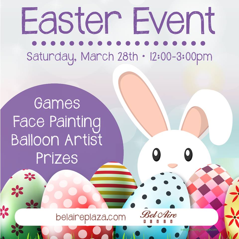 A poster for an easter event with easter eggs and a bunny
