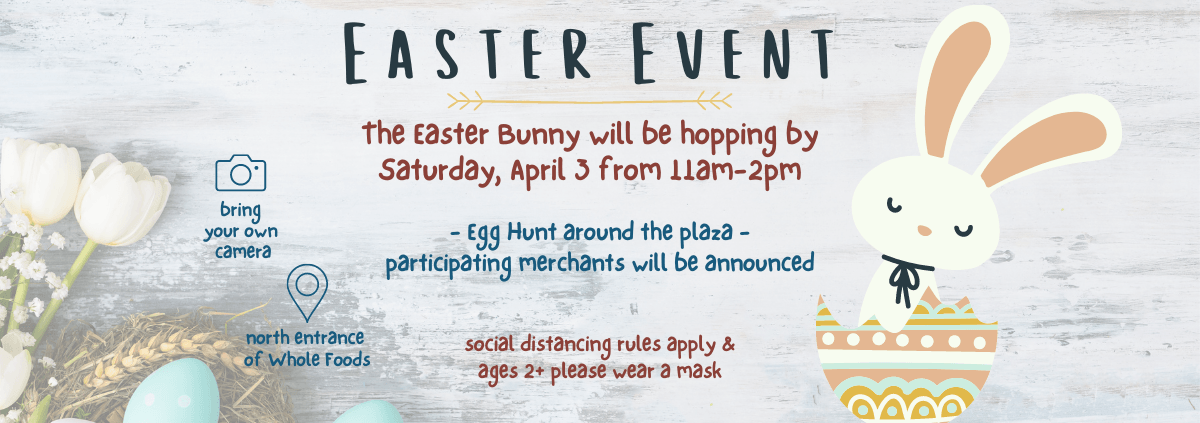 A flyer for an easter event with a bunny and eggs
