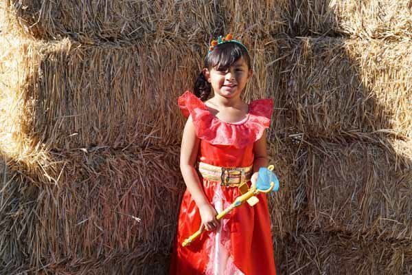 A little girl in a red dress is standing in front of a hay bale holding a wand.