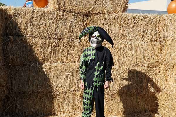 A person in a jester costume is standing in front of hay bales.