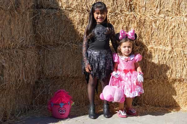Two little girls in halloween costumes are standing next to each other in front of a hay bale.