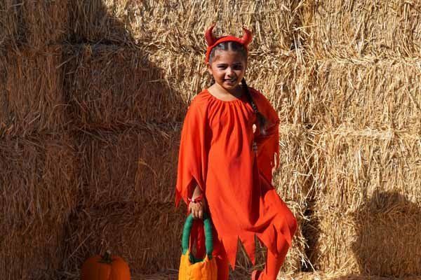 A little girl in a devil costume is holding a pumpkin.