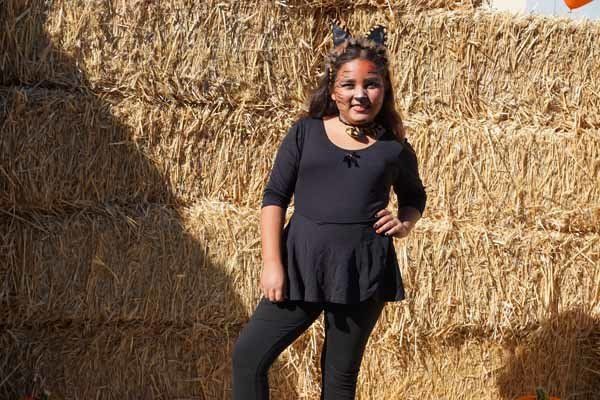 A young girl in a cat costume is standing in front of a hay bale.