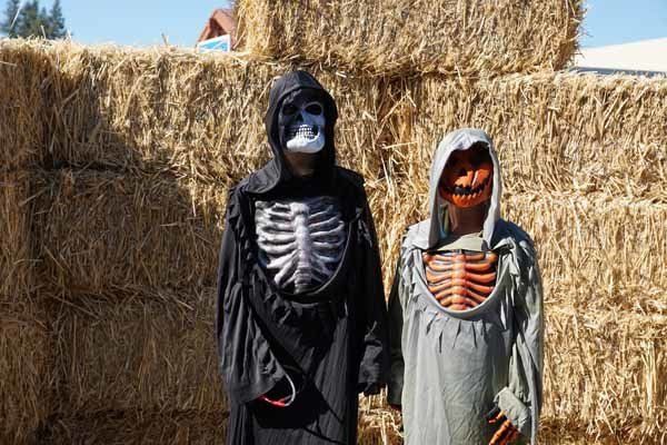 Two people in halloween costumes are standing next to each other in front of hay bales.