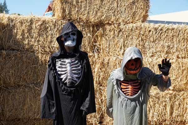 Two people in halloween costumes are standing next to each other in front of hay bales.