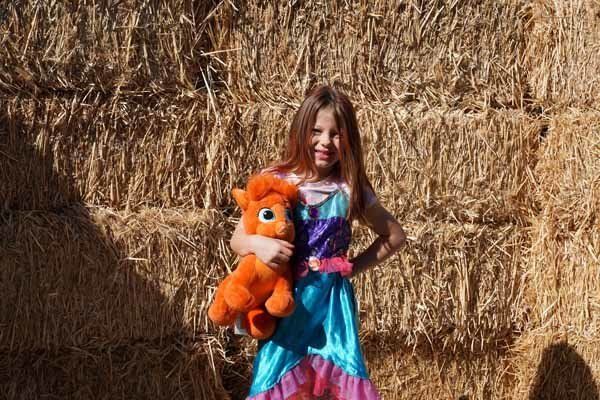A little girl in a dress is holding a stuffed animal in front of a hay bale.