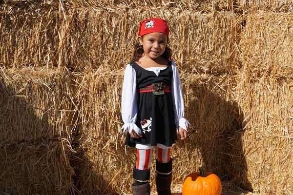 A little girl in a pirate costume is standing next to a pumpkin.