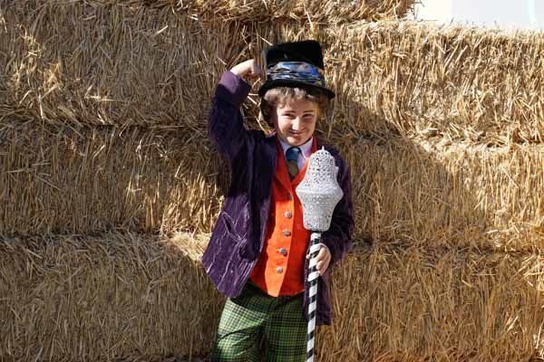 A young boy in a mad hatter costume is standing in front of a hay bale.