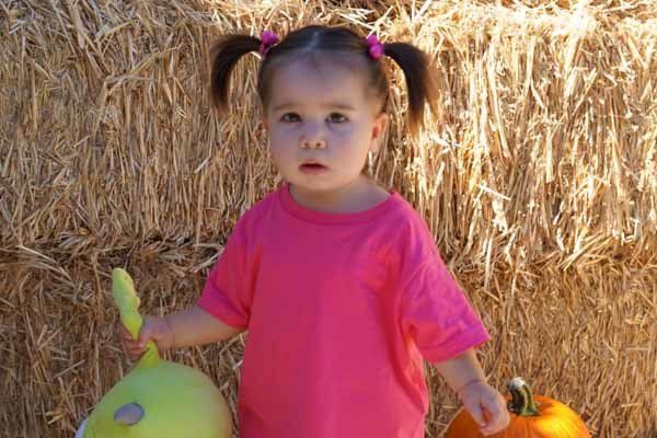 A little girl in a pink shirt is holding a stuffed animal in front of a hay bale.