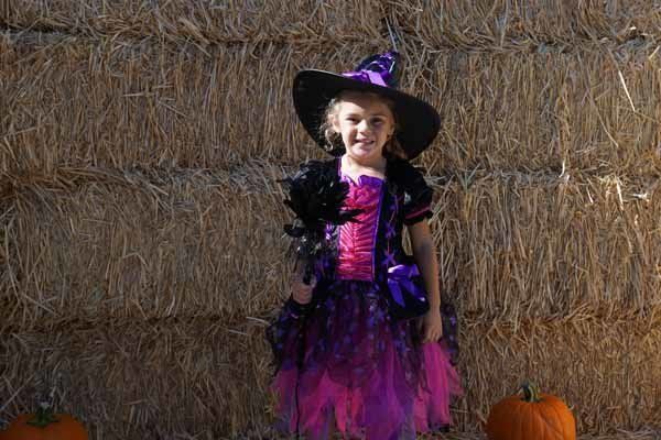 A little girl in a witch costume is standing in front of a hay bale.
