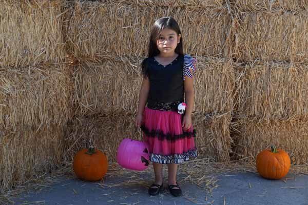 A little girl is standing in front of a hay bale holding a pink pumpkin.