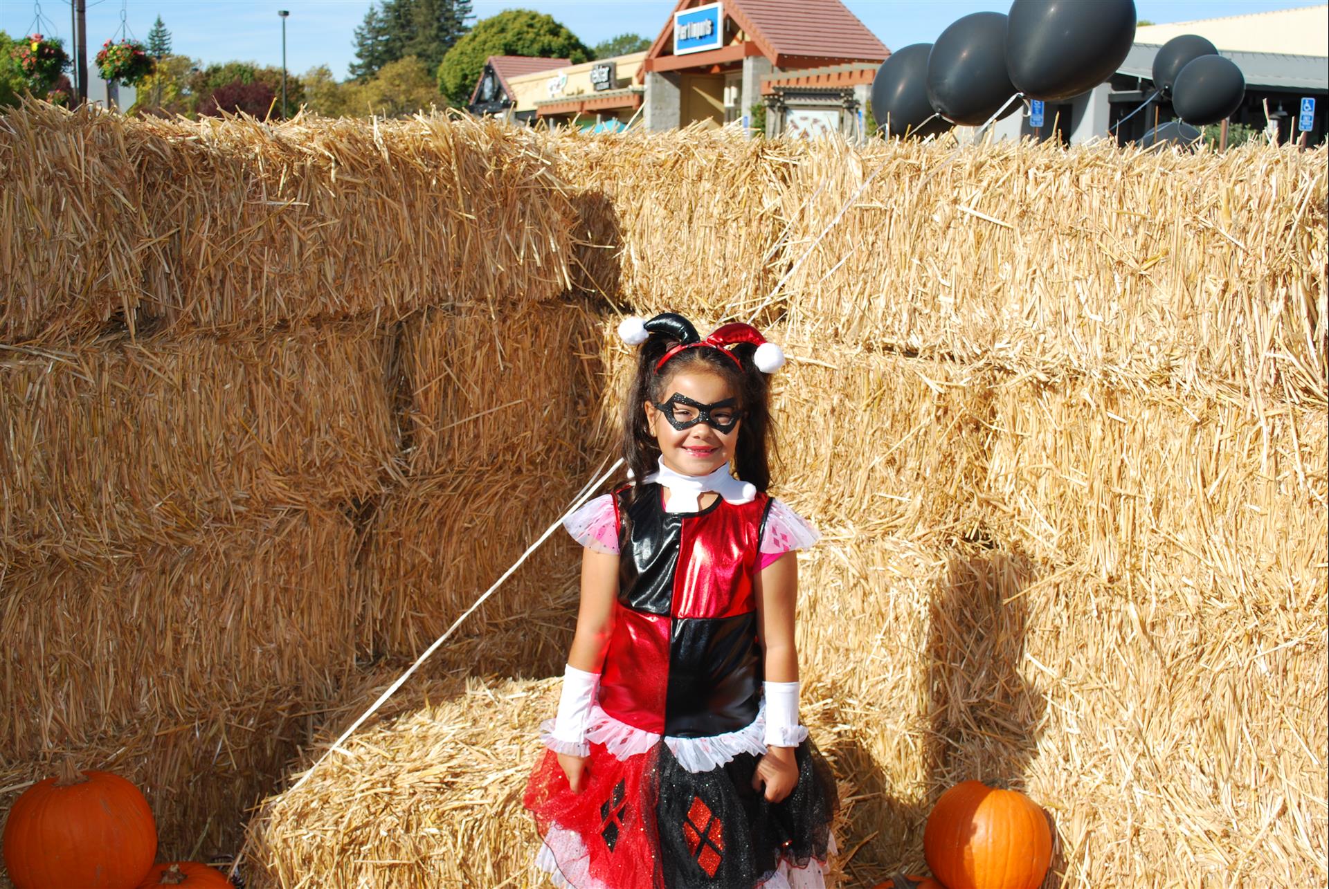 A little girl in a harley quinn costume is standing in front of hay bales and pumpkins.