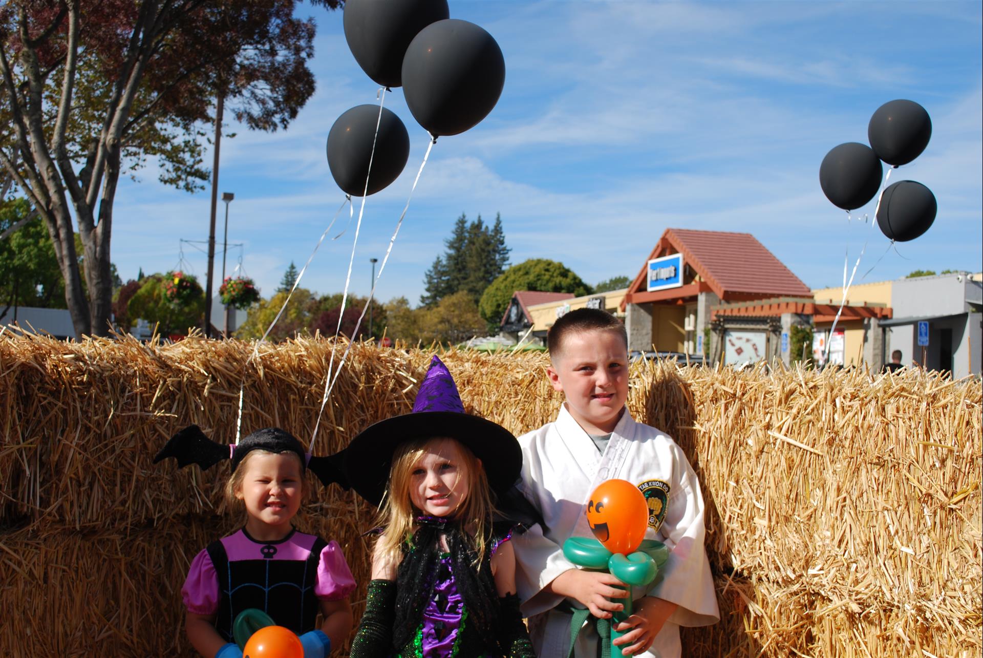 Three children dressed in halloween costumes are posing for a picture