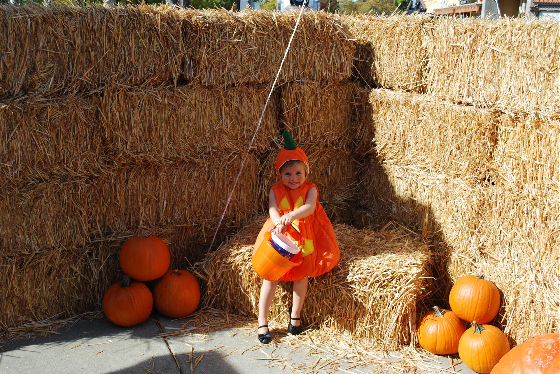 A little girl in a pumpkin costume is sitting on hay bales