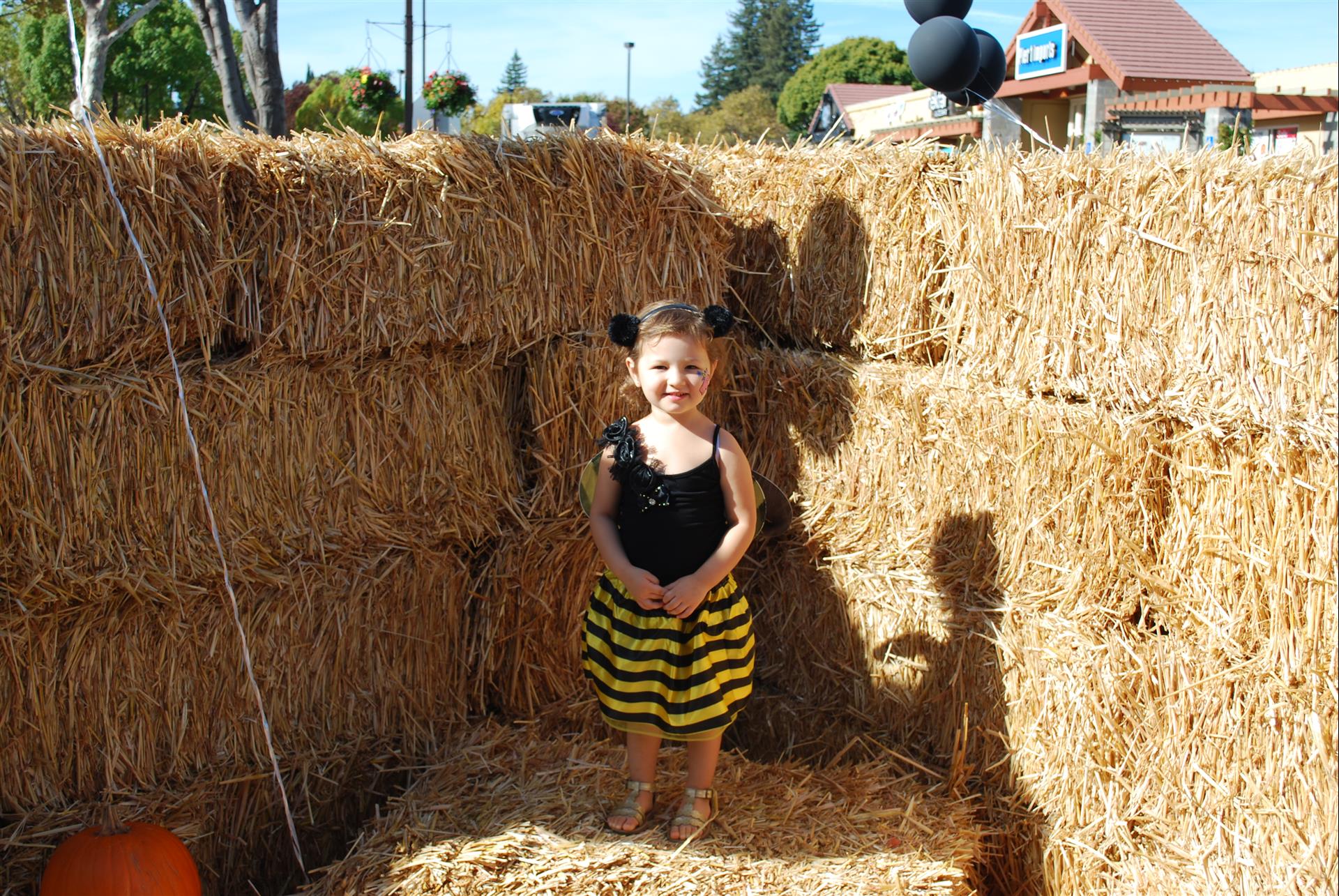A little girl in a bee costume is standing next to hay bales