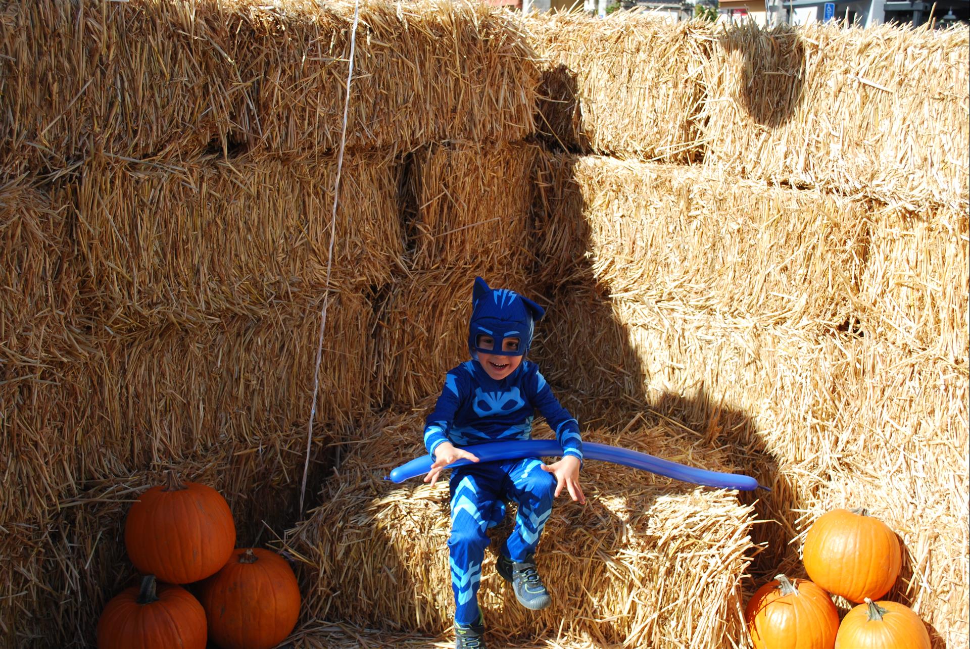 A child in a catboy costume is sitting on a bale of hay.