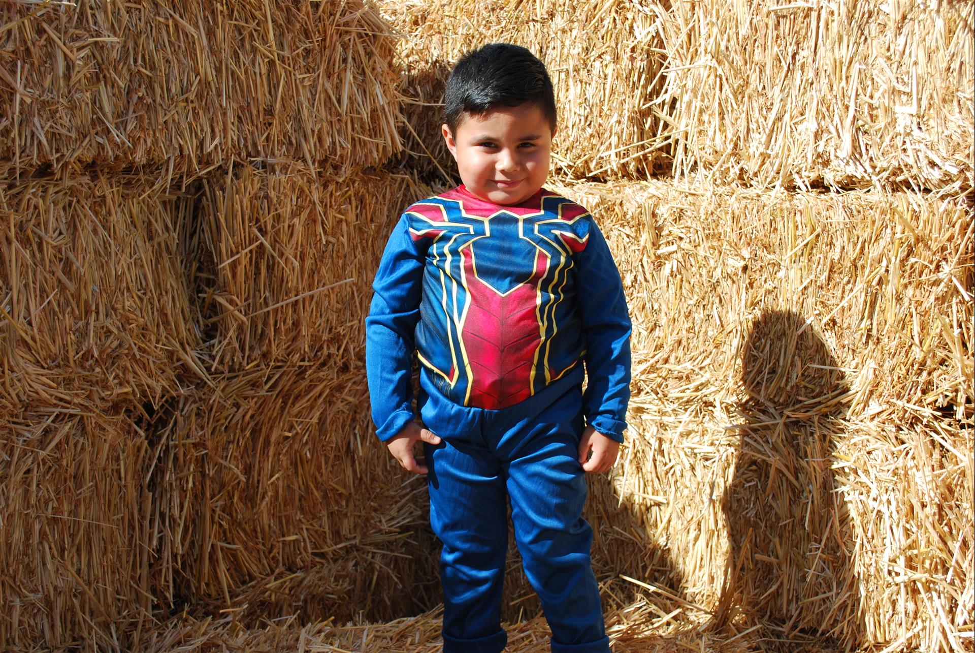 A young boy in a spiderman costume is standing in front of hay bales.