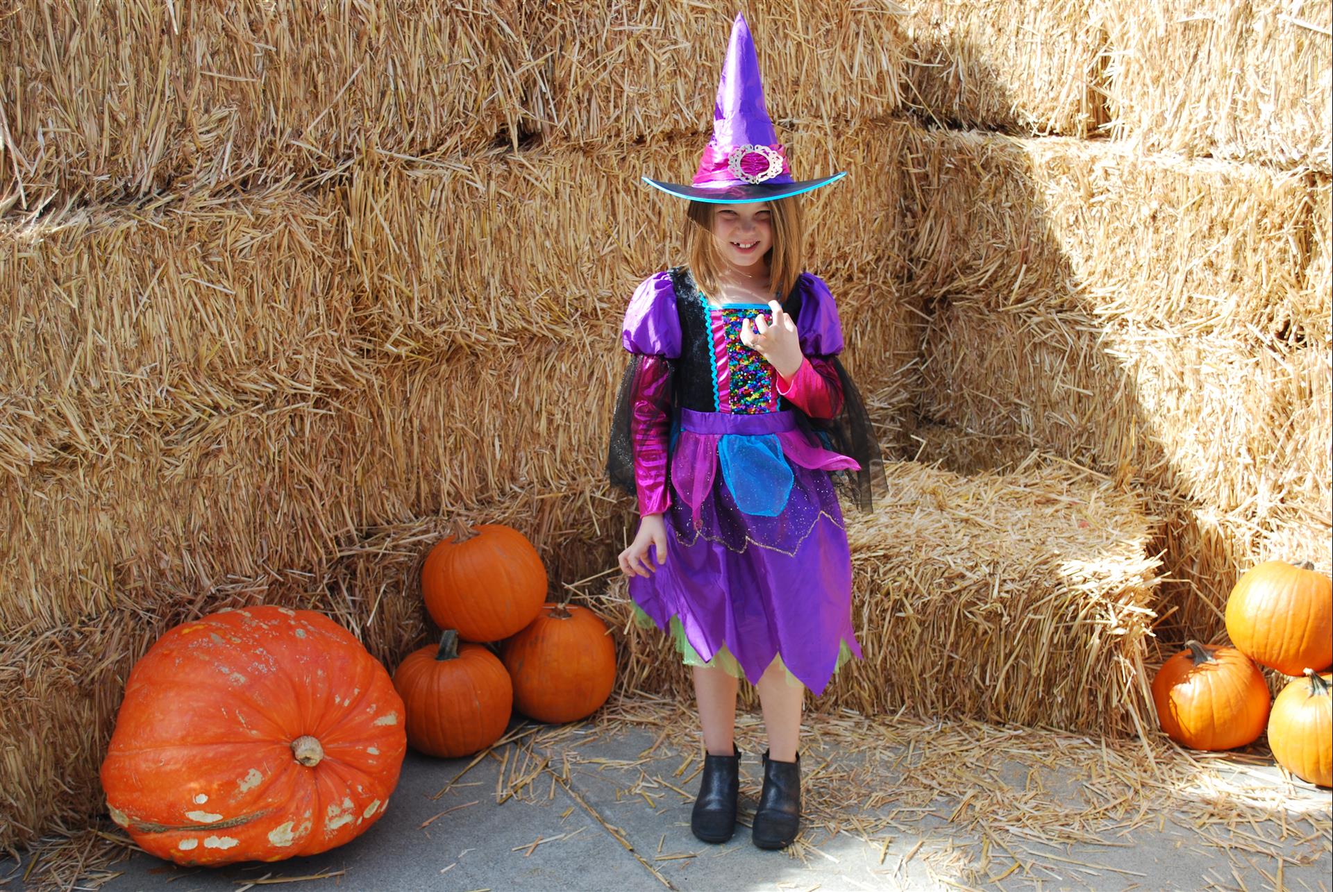 A little girl in a witch costume is standing in front of hay bales and pumpkins.