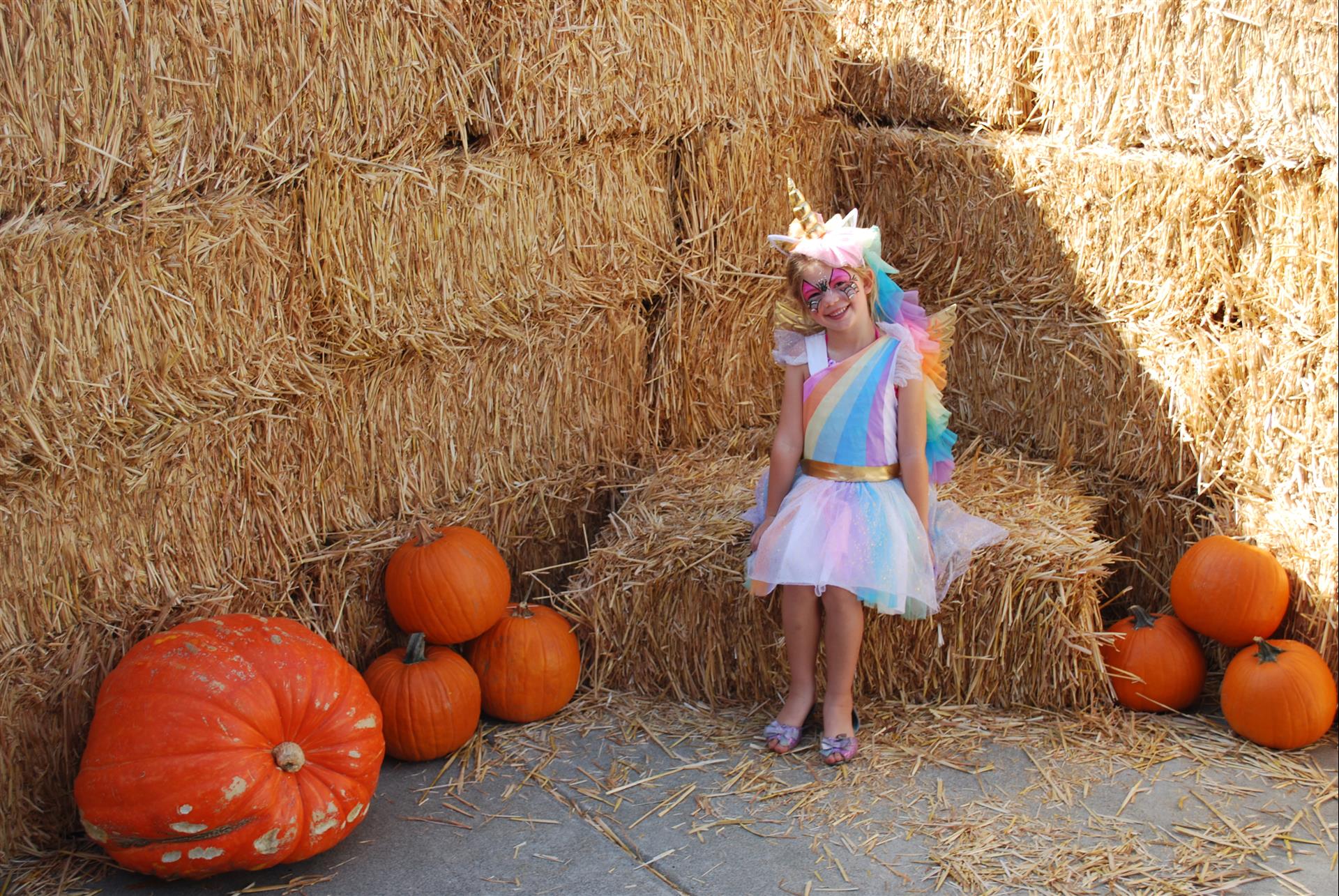 A little girl dressed as a unicorn is sitting on a bale of hay surrounded by pumpkins.