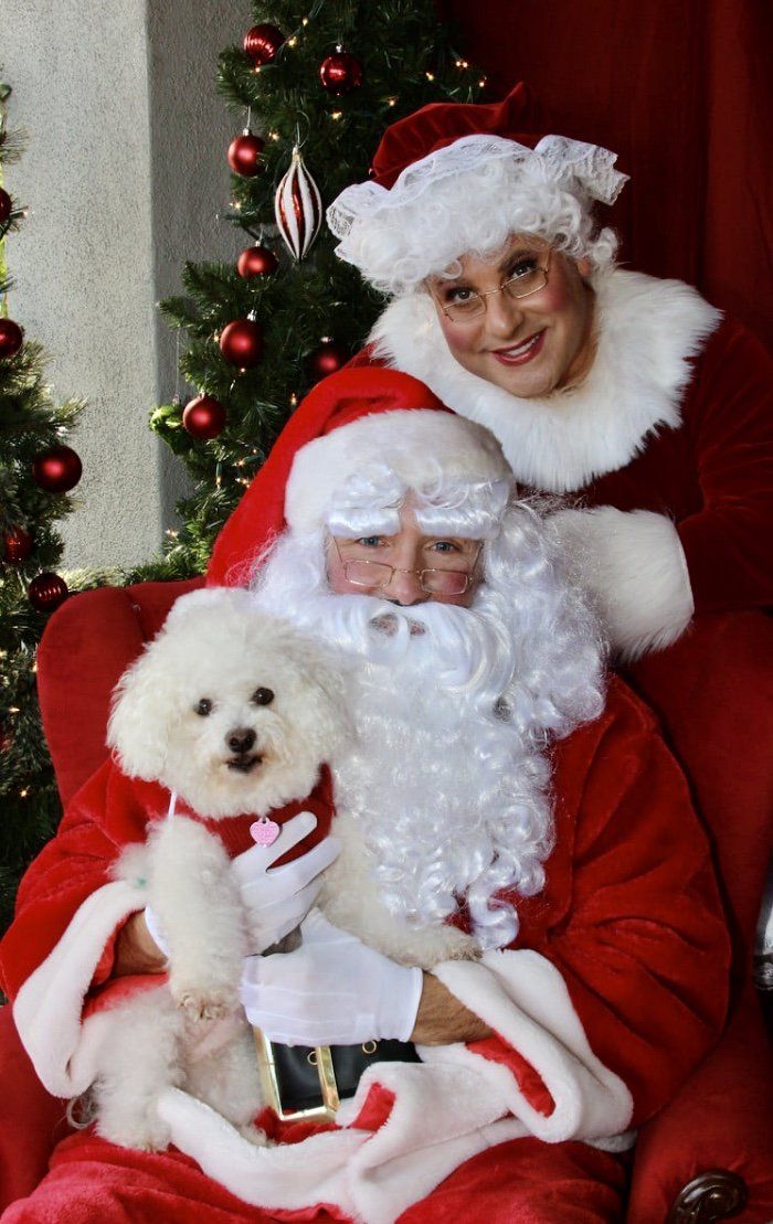 A man dressed as santa claus is holding a small white dog