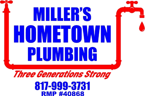 Miller's Hometown Plumbing logo with text, a red plumbing pipe outline, and a phone number.