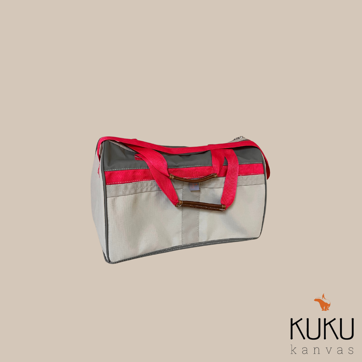 A white bag with a red handle is on a beige background.