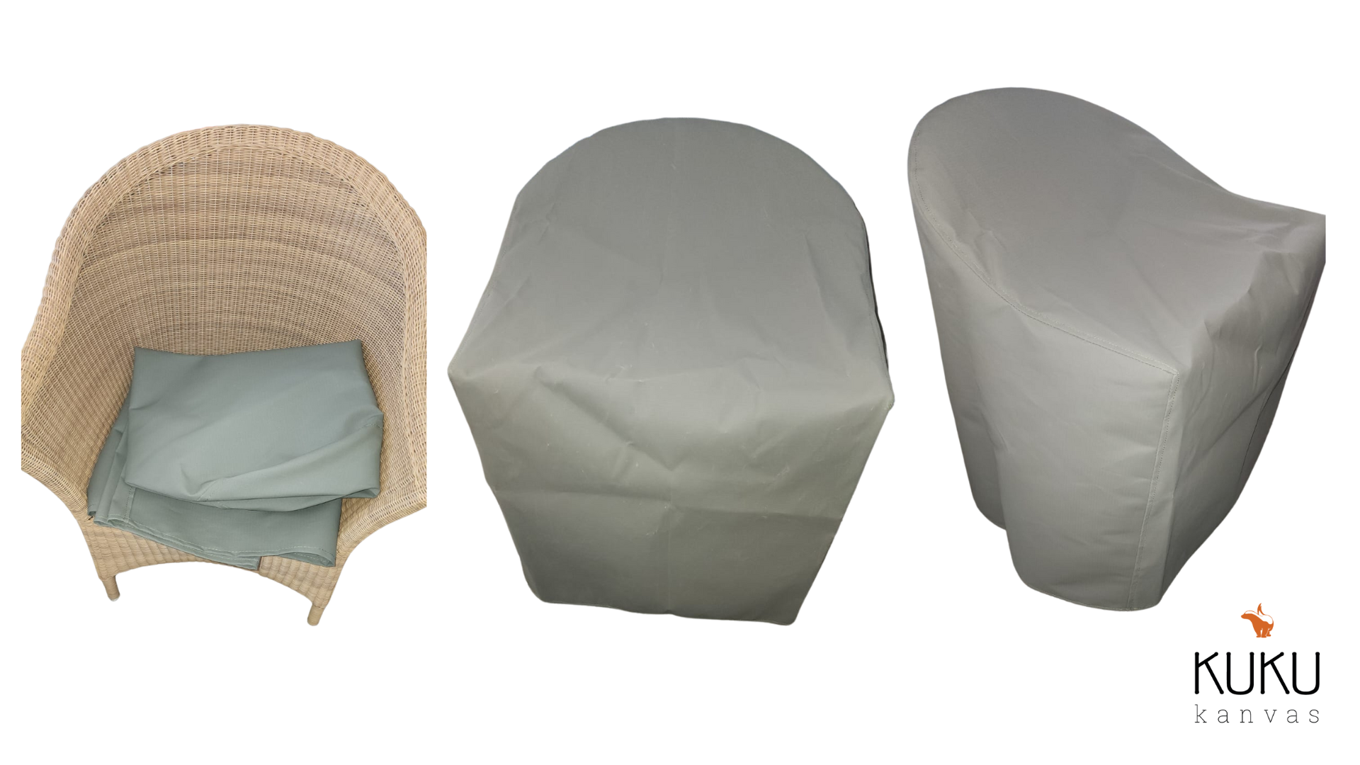 A wicker chair with a cushion and three covers on it