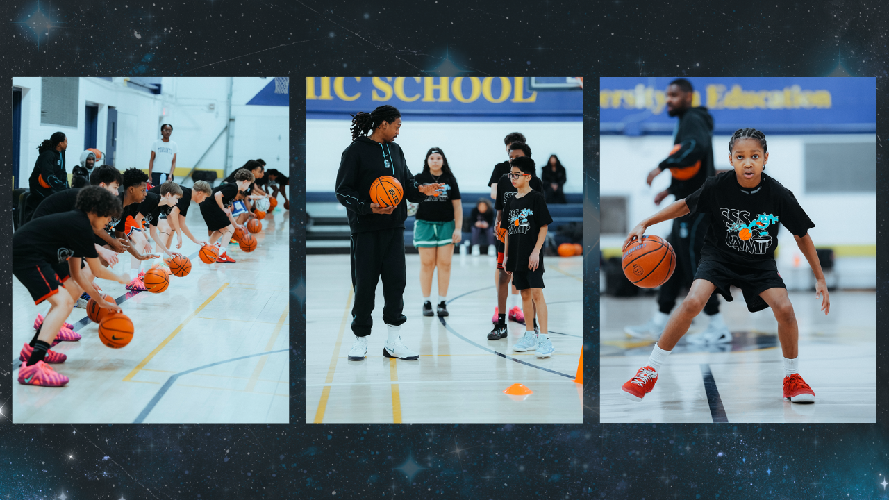 Three images of young basketball players at a camp working on their dribbling