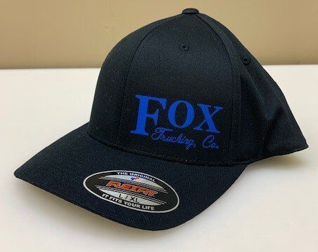 A black baseball cap with the word fox on it