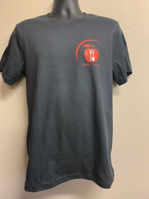 A grey t-shirt with an orange apple and spoon on it