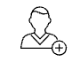 A black and white icon of a man with a plus sign.