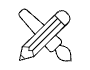 A black and white drawing of two crossed pencils and a brush.