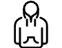 A black and white icon of a person wearing a hoodie.