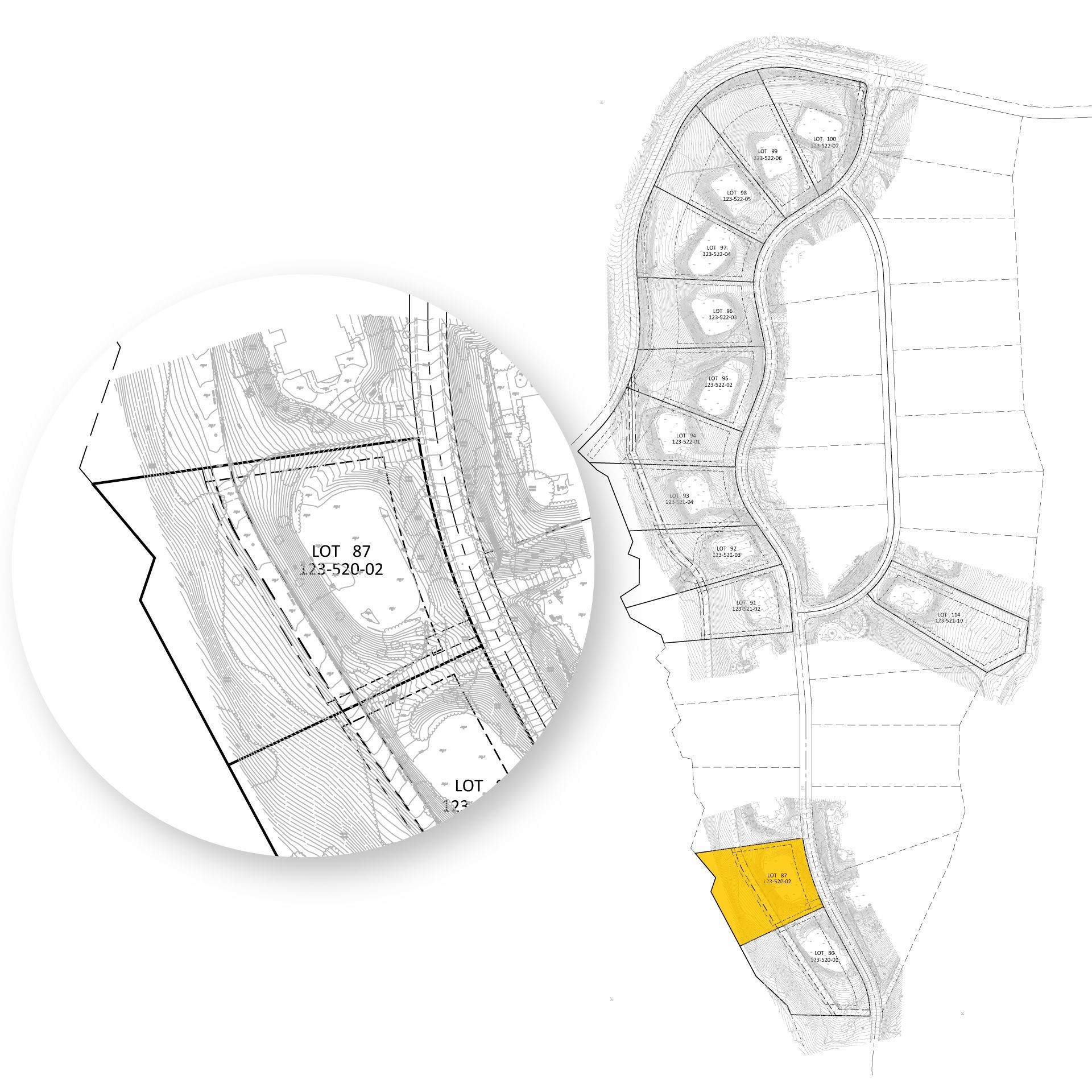 Lot 87 -Flat, lots of natural landscaping. Two drive entrances. 