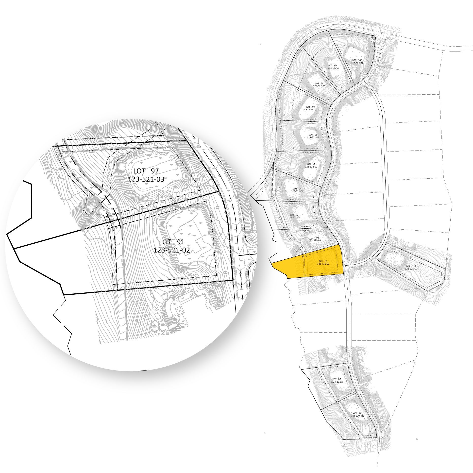 Lot 91 -Central location sits centered on site, two-story with elevator, 
square lot, natural landscaping.