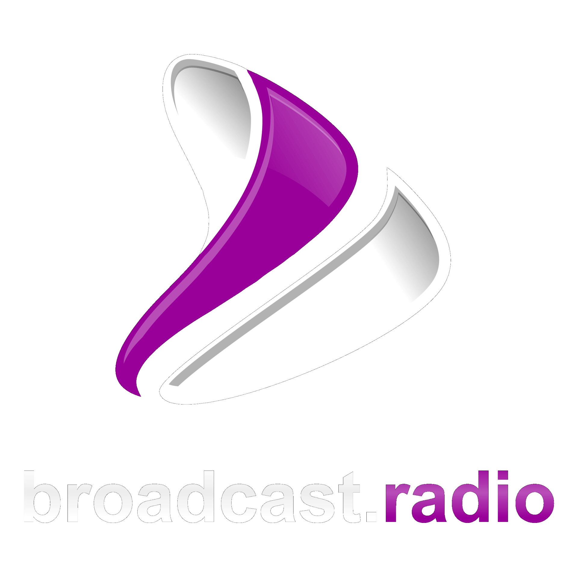 A purple and white logo for broadcast radio