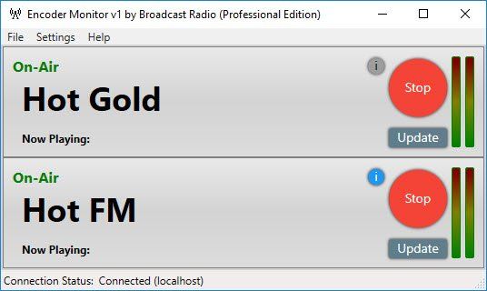 A computer screen shows that hot gold and hot fm are now playing